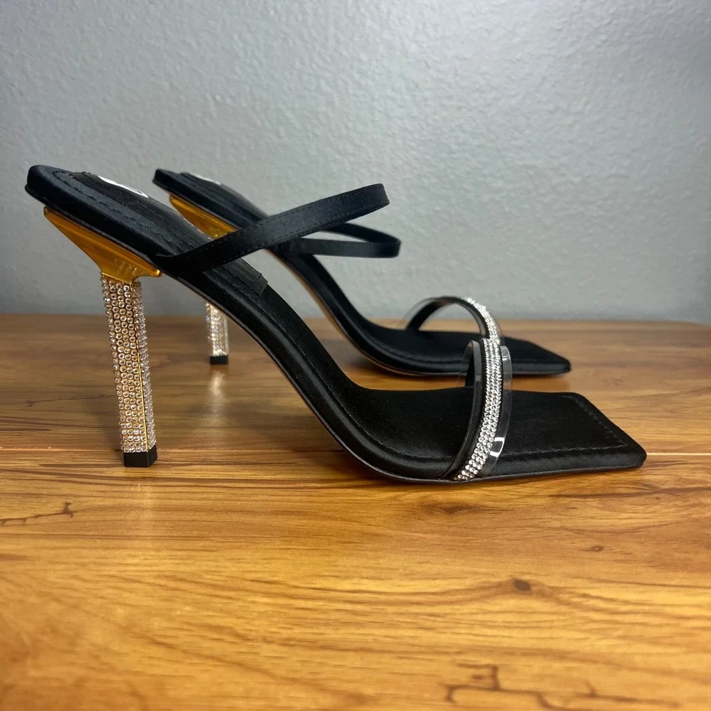 Good American Rhinestone Square Toe Heel Sandal Size 10 Black Glam Stiletto